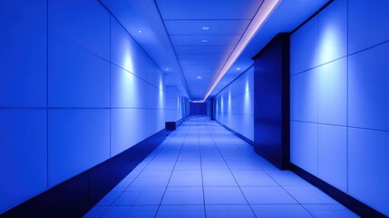 A futuristic blue-lit corridor, with white tiled floor and smooth panels, converging to a distant point ahead