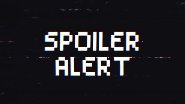Spoiler Alert Glitch Text Animation with VHS Effect on Black Background. Perfect for content warnings, gaming videos, streaming, and vintage-themed projects.