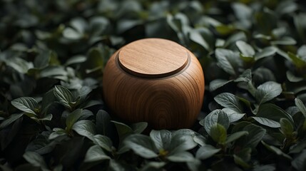 natural wood urn sits among lush green leaves. This eco friendly container represents remembrance and respect for departed loved ones. It suggests peace and a gentle return to nature