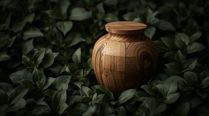 natural wood urn sits among lush green leaves. This eco friendly container represents remembrance and respect for departed loved ones. It suggests peace and a gentle return to nature