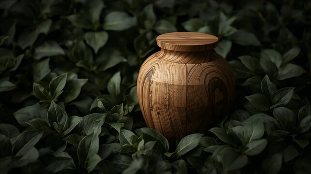 natural wood urn sits among lush green leaves. This eco friendly container represents remembrance and respect for departed loved ones. It suggests peace and a gentle return to nature