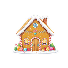homemade Christmas gingerbread house decorated with sweet candy and white icing snow on a winter holiday cookie roof