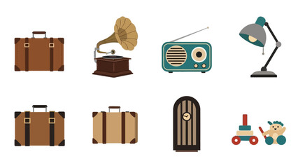 Retro lifestyle icons: suitcases, radios, gramophone, desk lamp, and toys