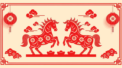 Vibrant Chinese New Year illustration featuring two red horses, traditional lanterns, and gold ingots in a festive paper-cut style.