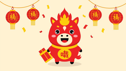 Naklejka premium A cute red cartoon horse character with flames on its head holds a gift box, surrounded by falling confetti and traditional Chinese lanterns with '福' characters, on a light background.