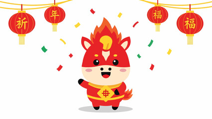 Fototapeta premium Cute red horse character celebrating Chinese New Year with lanterns and confetti.