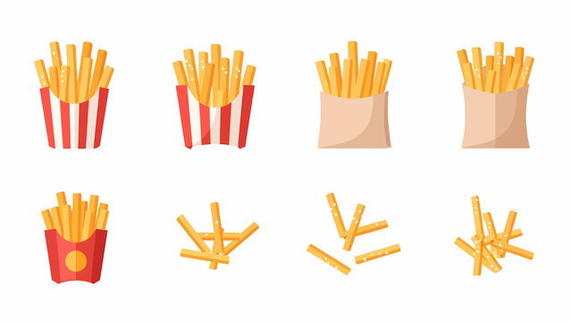 Collection of various illustrations depicting french fries in different containers and scattered.