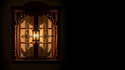 An ornate wooden window with a glowing antique lantern creates a warm atmospheric light against a dark night background