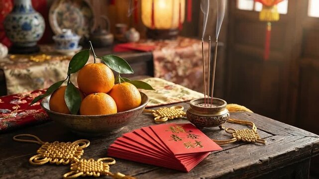 The focus is placed on freshly harvested oranges with natural leaves attached, symbolizing wealth and abundance, paired with neatly stacked red envelopes that signify good fortune and blessings.