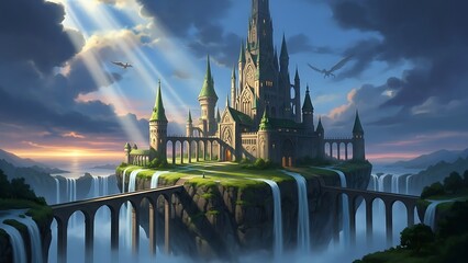 Majestic castle perched atop floating islands with waterfalls and bridges, bathed in dramatic sun rays at sunset