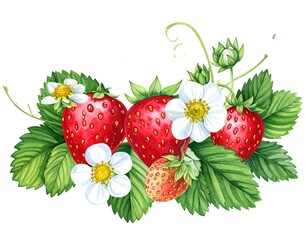 Watercolor illustration of ripe strawberries with green leaves and white flowers