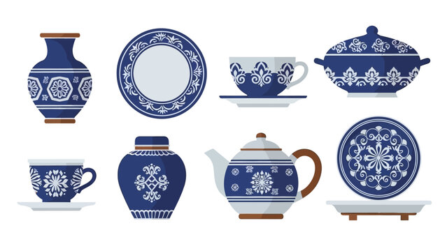 Traditional blue and white porcelain tea set with intricate floral patterns