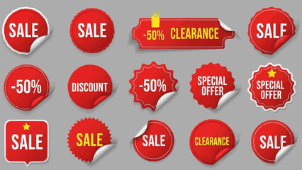 Collection of Red Sale and Discount Stickers and Labels.