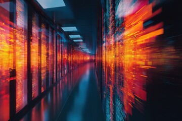 A sleek data center corridor with rows of server racks, glowing orange lights, and fast motion blur at night!!