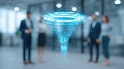 Innovative Team Analyzing Holographic Sales Funnel Performance in Modern Office Environment with Blurred Colleagues in Background