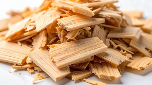 細かく割られた木片が素材感を強調するナチュラルな静物表現