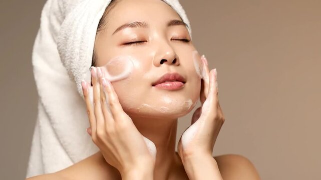 Woman with towel on head, washing face with foamy cleanser, eyes closed, on neutral background
