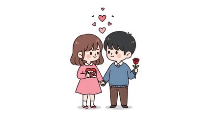 Fototapeta premium Cute Cartoon Couple Illustration Holding Hands with Rose and Heart Box Isolated