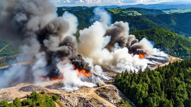 山林に広がる大規模な山火事から白煙が立ち上る上空視点の情景