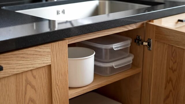 Person opening kitchen cabinet drawer.