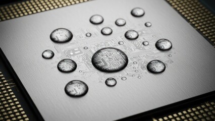 Close-up of water droplets on a computer chip on a circuit board with a metallic sheen.