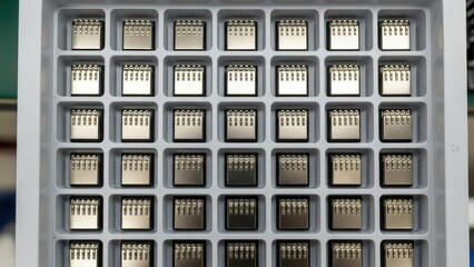 Close-up of a gray tray containing multiple small square connectors with pins, arranged in