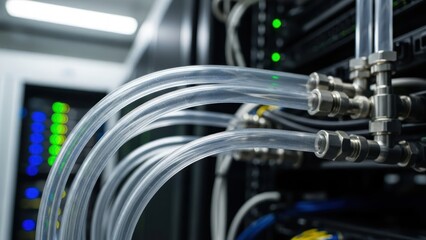 Close-up of transparent tubes connected to a server with green lights in a data center