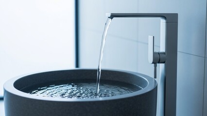 Modern Faucet with Running Water in Sink.