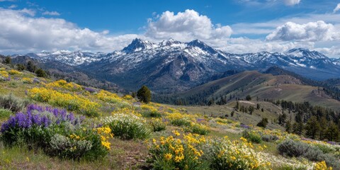 Expansive mountain range with snow-capped peaks overlooking a vibrant meadow of purple and yellow wildflowers under a blue sky with fluffy clouds