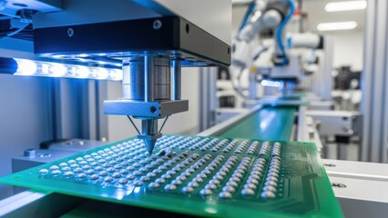 Close-up of robotic arm assembling electronic components on a green circuit board in a