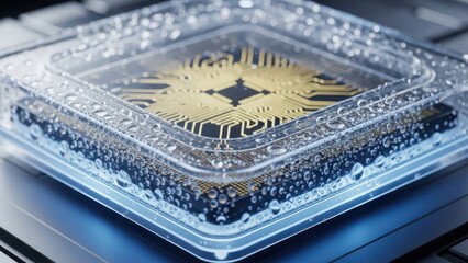 Close-up of a square microchip with gold and blue details on a computer motherboard with