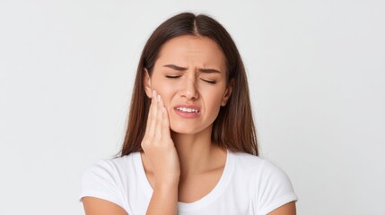 Fototapeta premium Young Woman Experiencing Jaw Pain While Holding Her Face in Discomfort and Distress Against a Plain Background