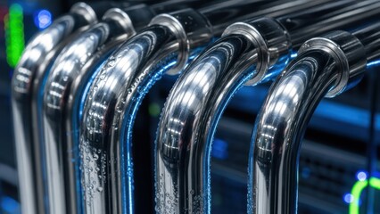 Close-up of multiple shiny USB flash drives on a blurred background with blue and green