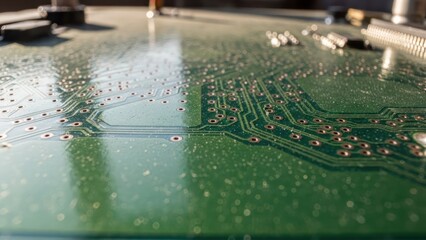 Close-up of a green circuit board with copper components and a reflective surface