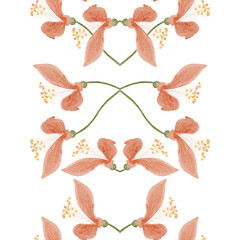 Seamless watercolor floral border, peach blossoms, delicate stems on white background. Elegant vertical botanical design perfect for wedding stationery, invitations, packaging, textiles and decor.