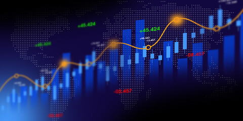 Financial Graph with Global Map Background, Digital Data, Global Market Analysis Concept.