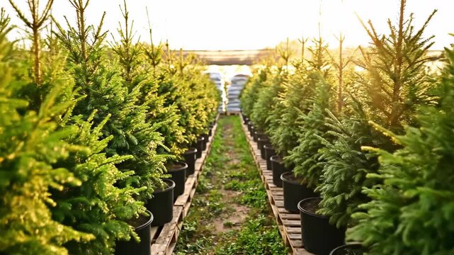 Rows of potted evergreen saplings line, a sunlit nursery, stretching toward a distant horizon ahead