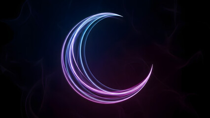 Abstract crescent moon formed by glowing blue and purple light trails against a dark cosmic background