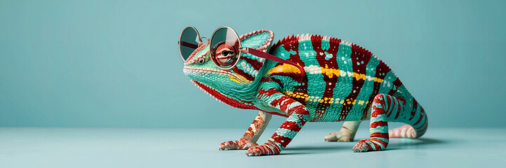 AI-Generated Conceptual Illustration of Colorful Chameleon Wearing Sunglasses on Minimal Background, Creative Fashion Animal and Surreal Design Concept