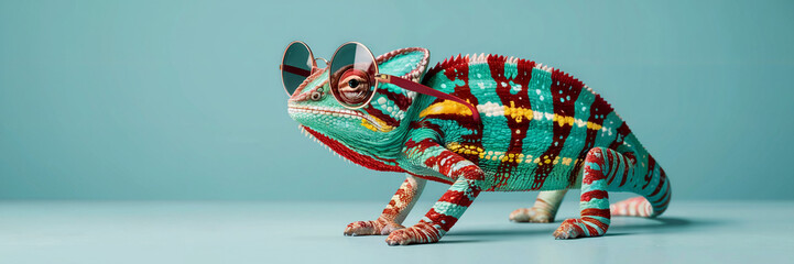 AI-Generated Conceptual Illustration of Colorful Chameleon Wearing Sunglasses on Minimal Background, Creative Fashion Animal and Surreal Design Concept