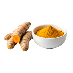 Fresh turmeric roots and organic turmeric powder in a ceramic bowl, Healthy spice and herbal medicine concept. isolated on white or transparent background, PNG Format.