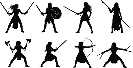 Obraz premium Female warrior silhouettes, combat poses, weapon diversity, sword, shield, spear, bow, axe, strength, empowerment, battle stance, black vector illustration
