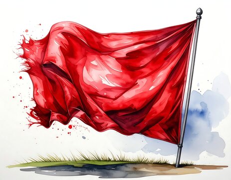 Watercolor depiction of a vibrant red flag billowing in the wind