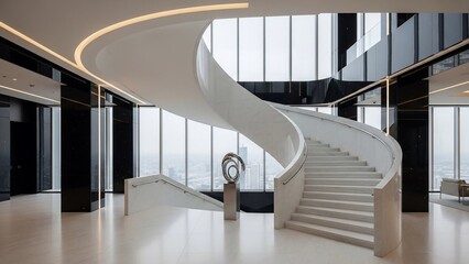 Modern White Spiral Staircase in Luxurious Building Interior.