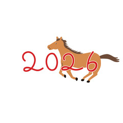 2026年の数字と躍動感のある馬のベクターイラスト|正月広告やSNSバナーに使える可愛い十二支の午のカットアウト素材