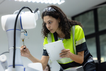 Female industrial engineer study inspection control robot arm machine in robotics engineering,...