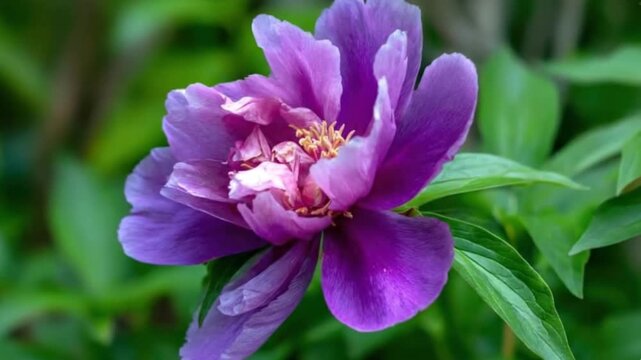 A stunning, vibrant purple flower with delicate petals and a prominent yellow center blossoms gracefully amidst lush green foliage. The soft, natural light illuminates the intricate details of the blo