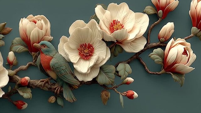 Three dimensional floral artwork featuring bird on branch teal background