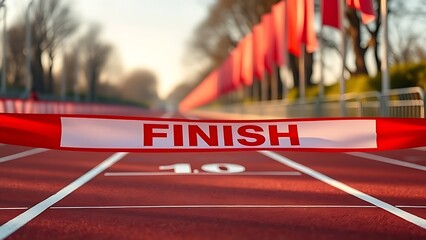 disengaged. Vibrant red and white finish line ribbon stretched taut across a marathon track. event key visuals, club posters, designed for fitness apps and gym onboarding, used by sports marketers.