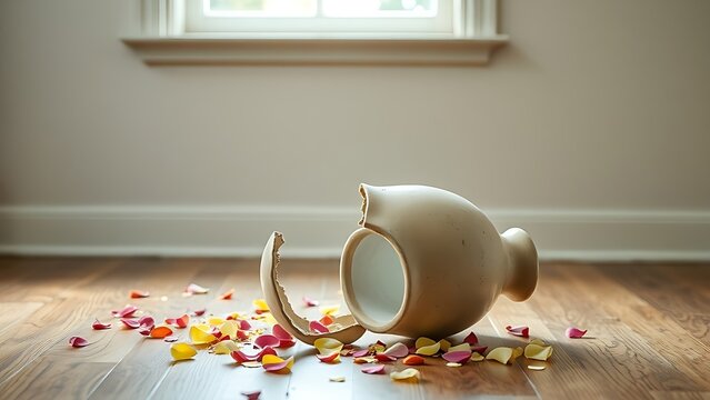 sedition. A shattered ceramic vase on a wooden floor with scattered flower petals in an empty room. wellbeing guides.